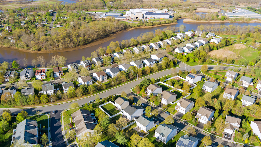 Aerial view of residential and commercial roofing