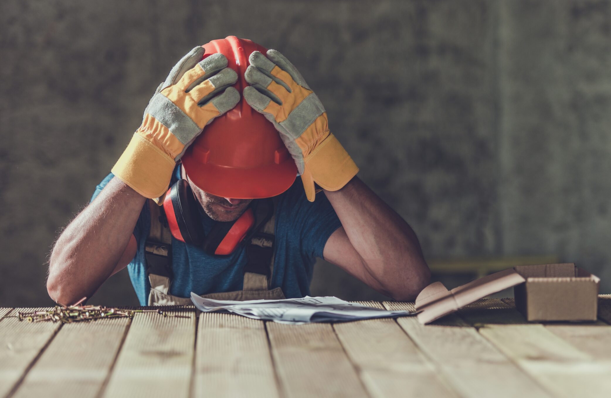 A frustrated roofer with his hands on his head