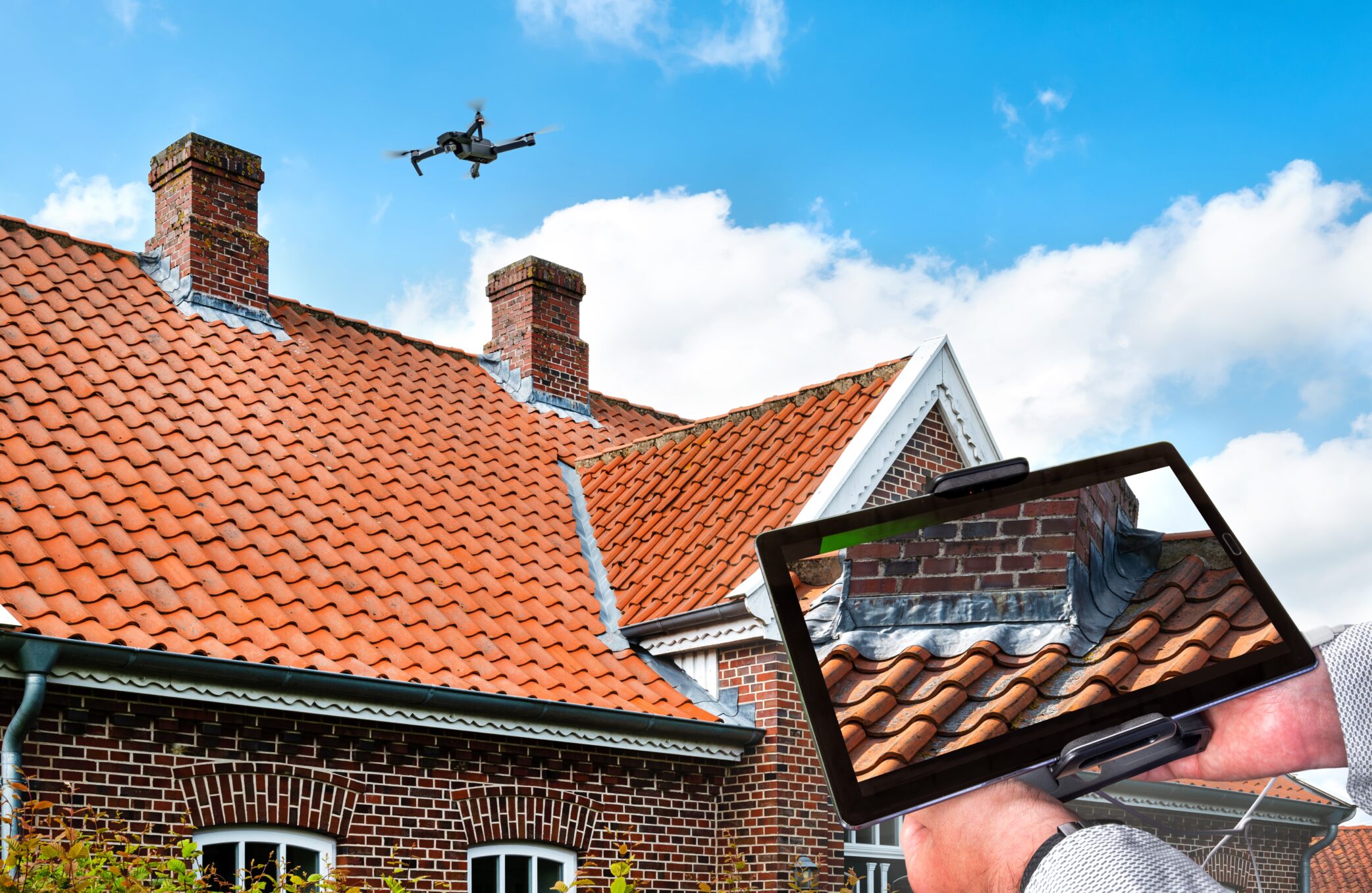 Drone flying over roof to map and measure it